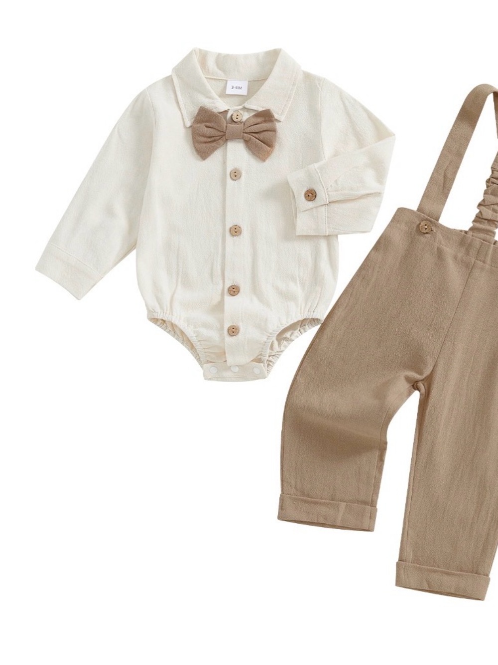 Baby Two-Piece Bowtie Romper Set in Cream & Tan